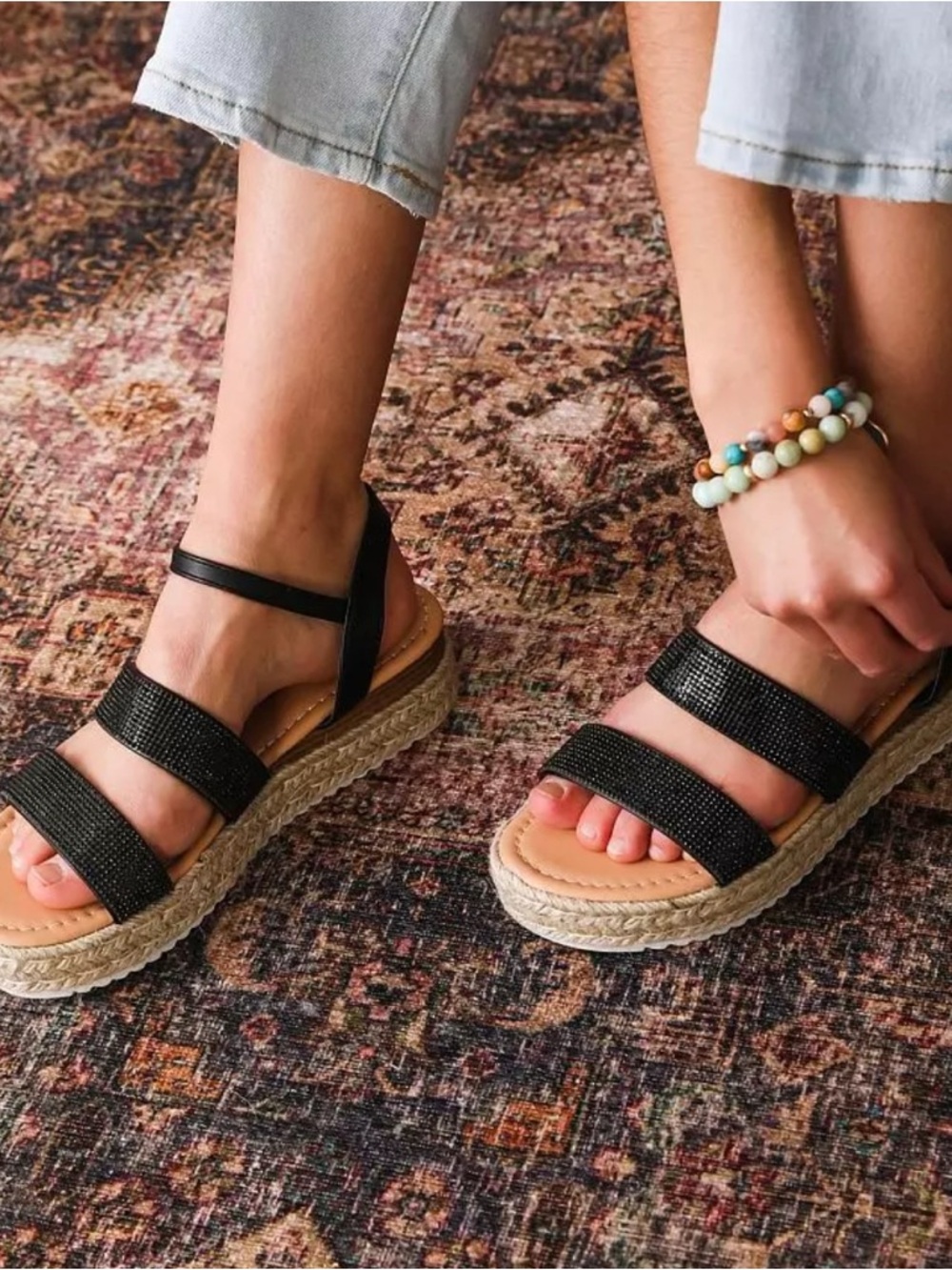 Qupid Black Rhinestone Strappy Sandals for Women